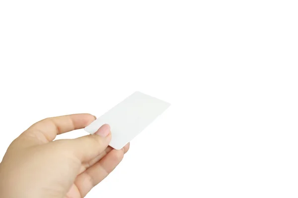 Female Hand Holding Business Card Isolated White Background — Stock Photo, Image