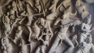 Mahishasuramardhini mandapa is an example of Indian rock-cut architecture dating from 7th century, of  Pallava dynasty.Mahabalipuram, in the state of Tamil Nadu, India.