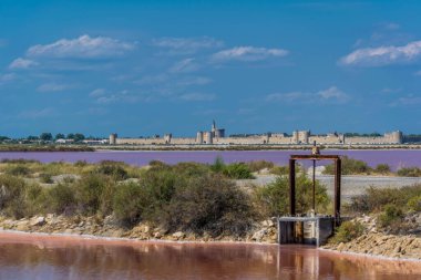 Aigues-Mortes 'in tuzlu bataklıkları, Camargue' de, Fransa 'daki Gard bölümünde..