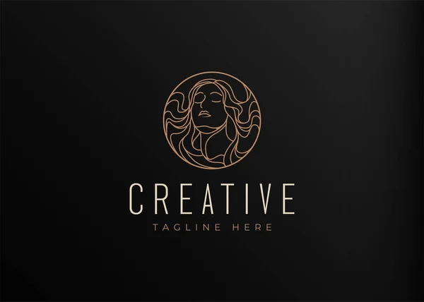 Uzun Saçlı Güzel Kadın Logo Çizgisi Sanat Şablonu