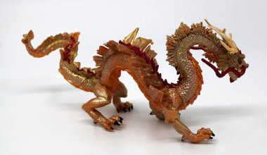 Altın ejder beyazda izole edilmiş. Çin ejderhası, loong, uzun veya akciğer olarak da bilinir, Çin kültüründe efsanevi bir yaratıktır, gücün, gücün ve iyi şansın sembolüdür. Sarı Ejder.