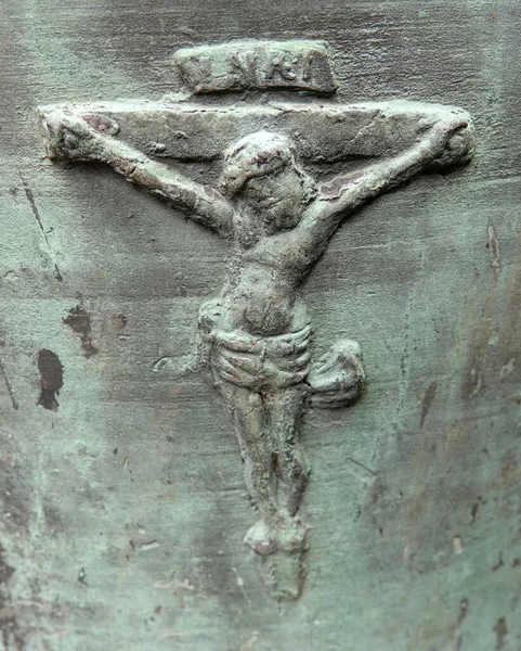 Kristus Ett Kors Detalj 500 Gammal Brons Kyrka Klocka — Stockfoto