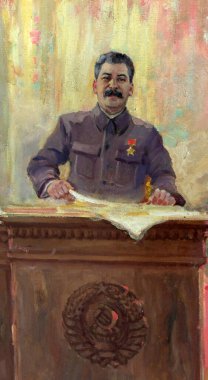 Assen, Hollanda - 1 Haziran 2013. Stalin 'in bir kongre önünde konuştuğu resmin ayrıntıları. SSCB Sergisi 'nin bir parçası. Tarzı sosyalist gerçekçilik, Joseph Stalin 'in propaganda sanatı.