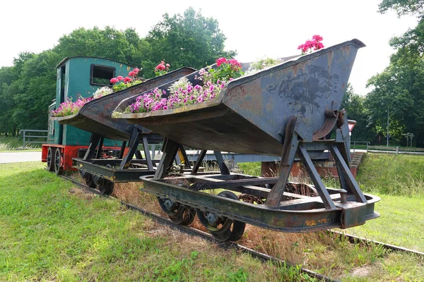 Vintage Wąskotorowy Pociąg Wagonów Wywrotek Używanych Jako Doniczki Ten Pociąg — Zdjęcie stockowe