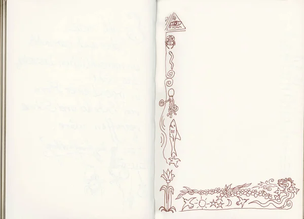 A drawn border on the left page of a book. With space for your own text