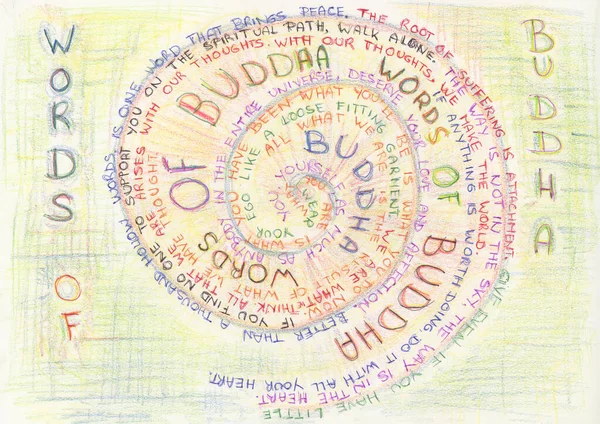 Words Buddha Spiral Main Color Drawing Yellow Used Ink Ballpoint — Stockfoto
