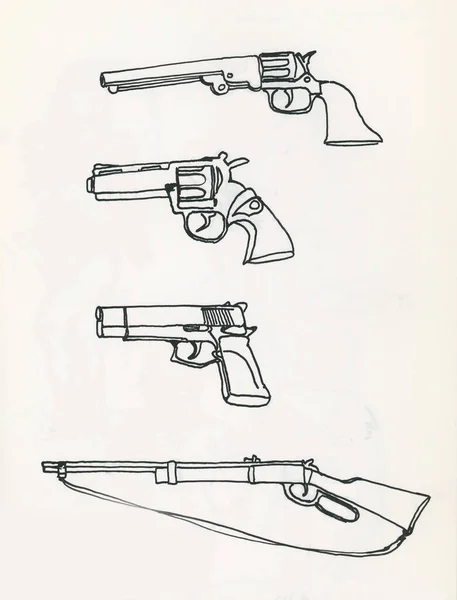 Desenho Vários Tipos Armas Fogo Pacificador Revólver Pistola Automática Rifle — Fotografia de Stock