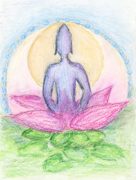 Water Color Blue Buddha Silhouette Sitting Pink Lotus Flower — Stockfoto