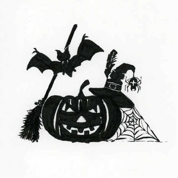 Halloween Drawing Ink Paper Pumpkin Witch Hat Cobweb Spider Broom — Foto de Stock