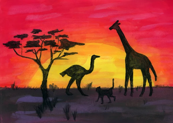 Watercolor Paper Impression Sunset African Savanna Silhouettes Several Animals Red — Stockfoto