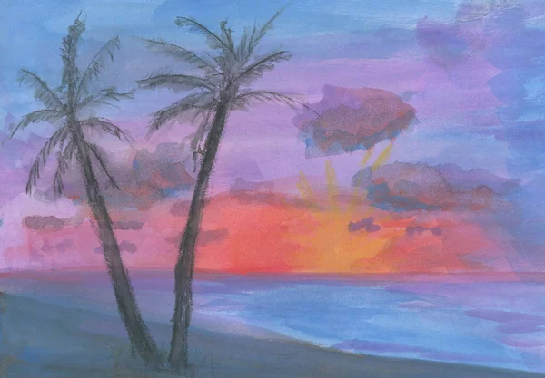 Watercolor Paper Impression Sunset Tropical Beach Silhouette Palm Tree — Stockfoto