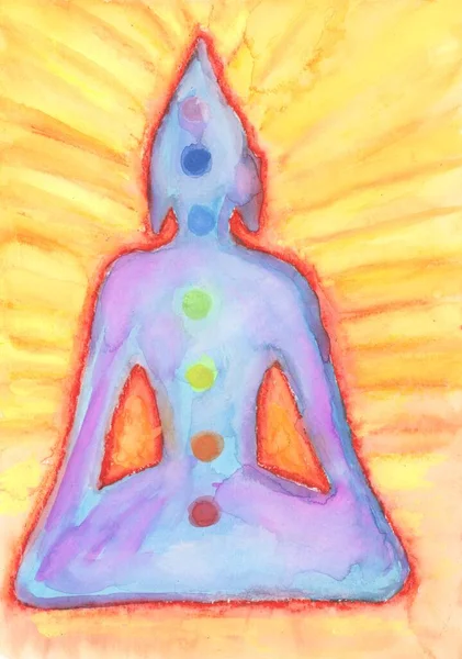 A watercolor painting with a glowing blue buddha with chakras