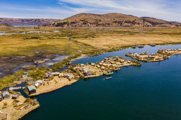 Aerial view of the Uros Straw Floating Islands on Lake Titicaca near Puno, Peru.