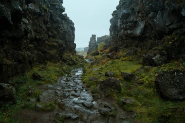 Oxarfoss Yolu. Thingvellir Ulusal Parkı 'nın İzlanda doğa manzarası. İzlanda