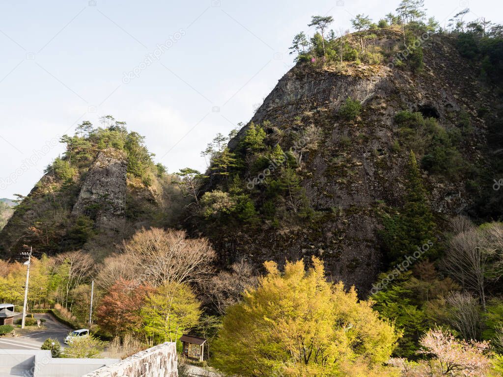 View of Furuiwaya rock formations from the Furuiwaya-so hotel - Kuma Kogen, Ehime prefecture, Japan