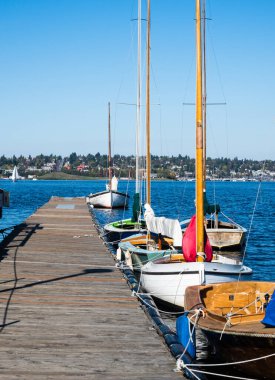 Seattle, ABD - 4 Ekim 2018: Güney Gölü Union mahallesindeki Lake Union kıyılarındaki rıhtımda yelkenli tekneleri kuyruğa girdi