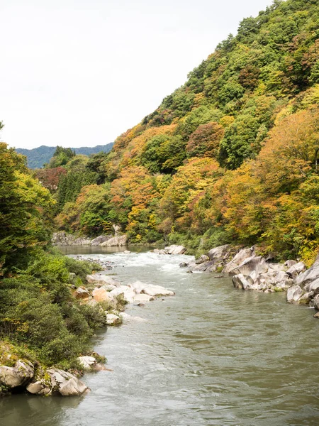 長野県上松市 紅葉が変化し始めた初秋の木曽川渓谷の風景 — ストック写真