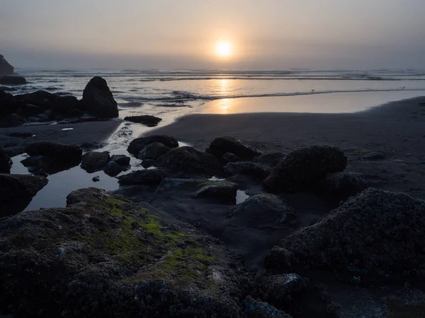 Piscinas Marea Atardecer Playa North Jetty Ocean Shores Usa — Foto de Stock