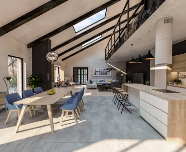 Ormandaki modern dairenin 3 boyutlu canlandırması, büyük, açık bir alan, oturma odası ve tezgah ve bar sandalyeli mutfak.