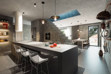 Modern, çağdaş konağın yemek odasına bağlı, beton merdivenlerle bölünmüş açık mutfağı.