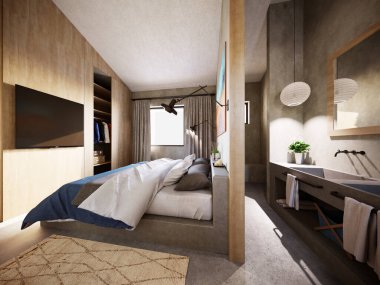 Modern, çağdaş villanın 3 boyutlu görüntüsü. Banyoda yürüme, odaya bağlı.