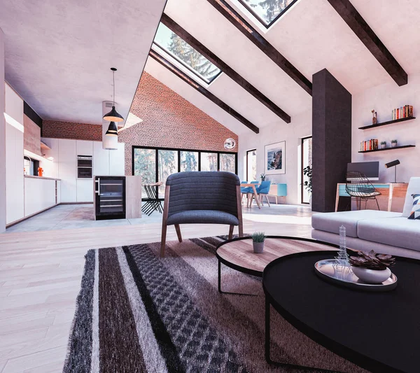 木製の近代的なアパートの3Dレンダリング カウンターとバーチェア付きのリビングやキッチンを含む大きなオープンスペースで — ストック写真