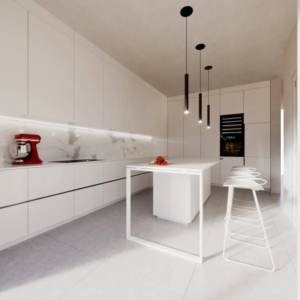 床から天井までの高さのすべての白い色で作られた現代的で現代的なキッチンとバーチェア付きの中央テーブルの3Dレンダリング — ストック写真