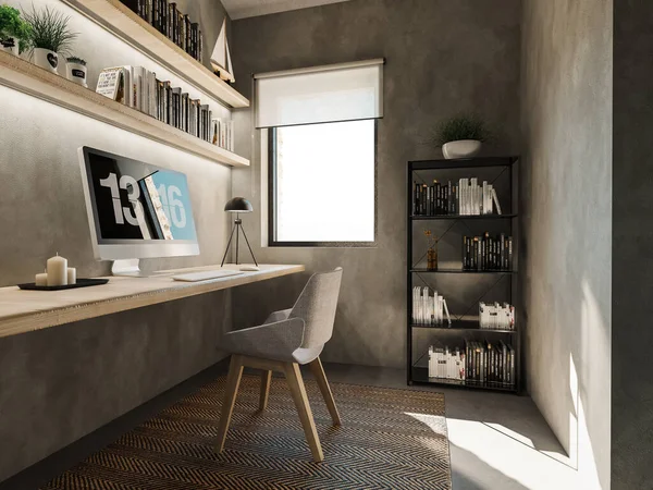 コンソールテーブルと木製のオープン棚と現代的なヴィラインテリアオフィスの3Dレンダリング — ストック写真