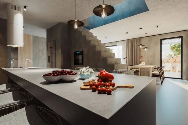 Rendu Moderne Intérieur Villa Contemporaine Avec Îlot Cuisine Relié Salle — Photo