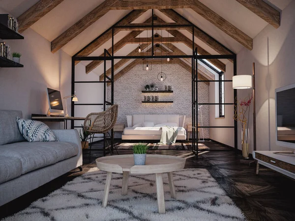 木製の梁を持つ小さな屋根裏部屋のアパートの3Dレンダリング ベッドの後ろに白いレンガの壁と2つの部屋を分割するスチールフレームとガラスパネル — ストック写真