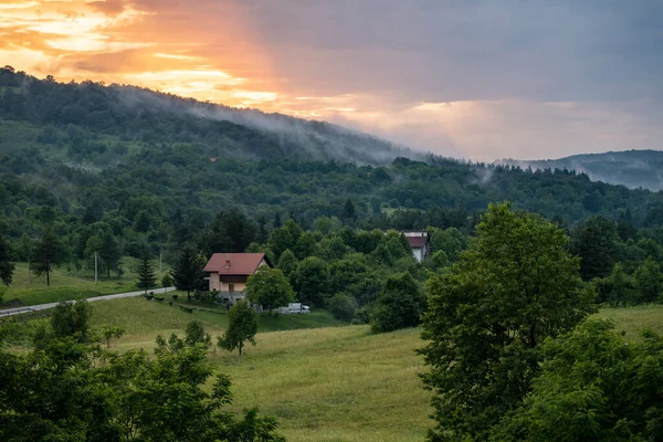 Magnificent Landscape Rakovica Woods Meadows Strong Summer Rain Sunset Croatia — Stock Photo, Image