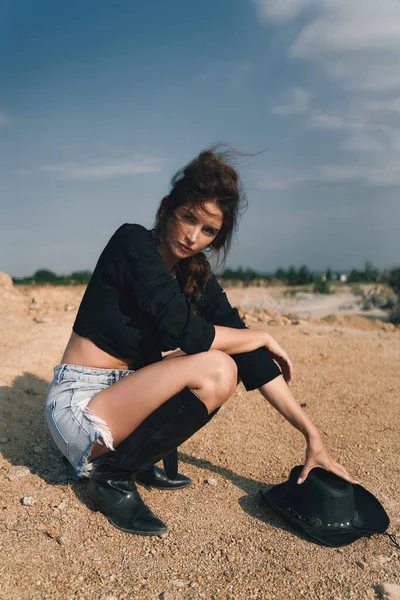 Portrait Sensual Brunette Lady Posing Countryside Stock Photo