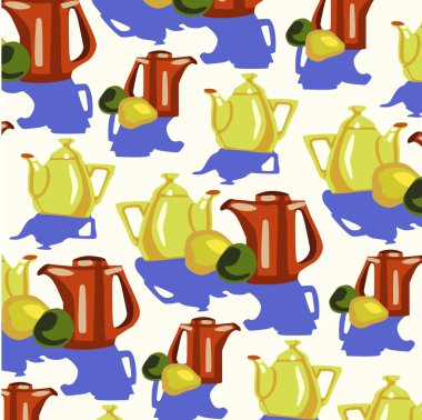 Öğle yemeği vektörü renk deseni için mutfak gereçleri çaydanlıklar ve meyveler