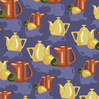 teapots and fruit kitchen utensils vector color pattern clipart
