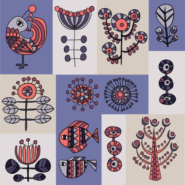 Kuzey tarzında balık kuşu ve ağaç vektör deseni koleksiyonu