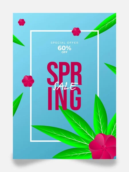 Bahar satışı broşürleri, yapraklar ve çiçekler. Vektör çizimi. İşiniz için A4 boyutunda poster şablonu satar.