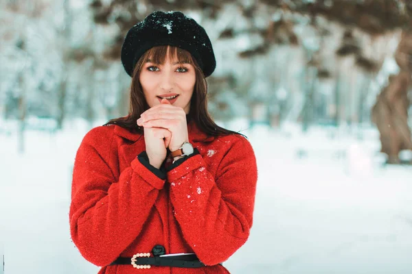 雪の中の赤いコートの女の子 雪の中の赤い女の子 雪の中の女の子 — ストック写真