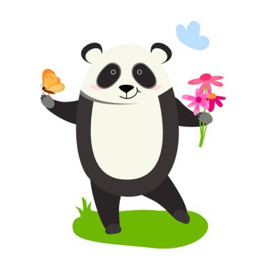 Bir buket çiçekli ve kelebekli panda