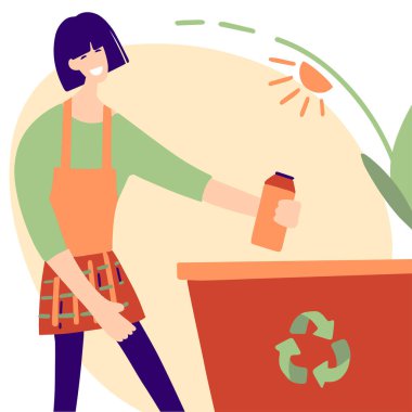 Kız çöpü geri dönüşüm için bir kaba atıyor.