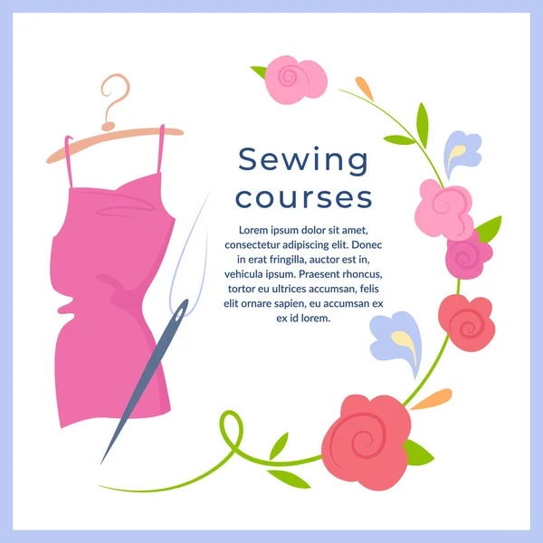 Αφίσα μαθημάτων ραπτικής, ροζ φόρεμα με λουλούδια — Διανυσματικό Αρχείο