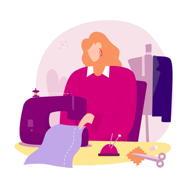 Woman sews on a sewing machine, fashion designer — Stock Vector