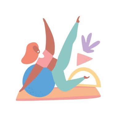 Topun üzerinde egzersiz yapan bir kadın. Komik pilates