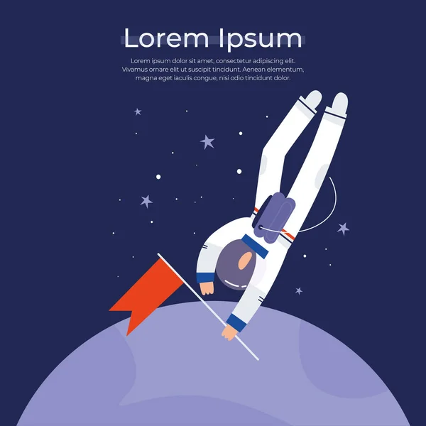 Bayrağı olan bir astronot yeni bir gezegeni keşfediyor.