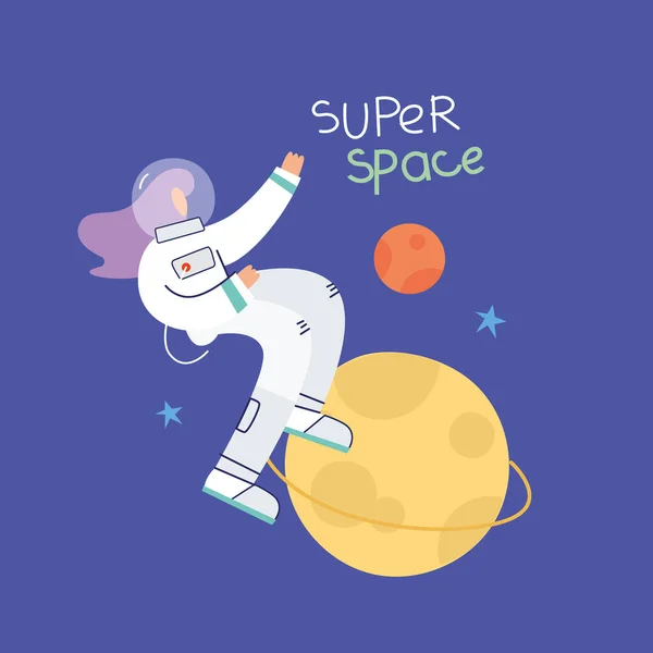 Mulher engraçada astronauta viaja no espaço Super espaço — Vetor de Stock