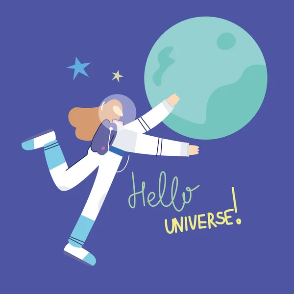 Astronauta engraçado voa para o planeta Olá universo —  Vetores de Stock