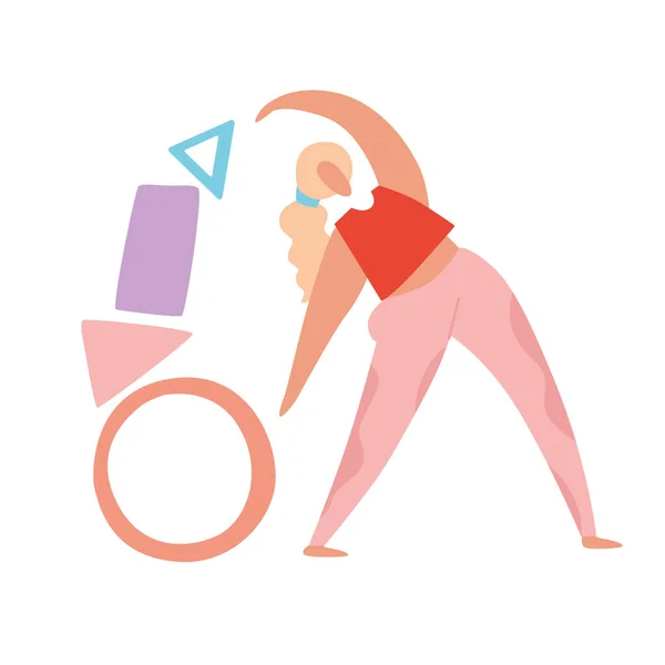 Rolig kvinna gör motion med geometriska former — Stock vektor