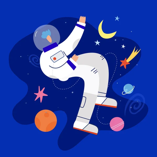 Astronauta engraçado está voando no espaço —  Vetores de Stock