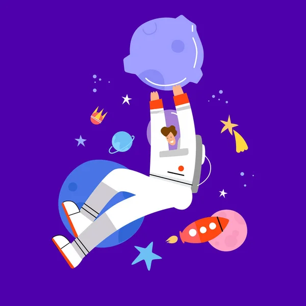 Un astronauta divertido vuela con planetas y estrellas — Vector de stock