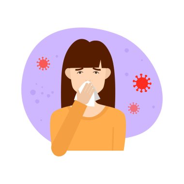 Virüslerin arka planında burnunu beyaz mendile silen rhinitis 'li genç bir kadın. Vektör düz çizim. Burun tıkanması, ARVI, koronavirüs, rhinitis, grip konsepti