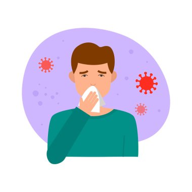 Virüslerin arka planında burnunu beyaz mendile silen rhinitis 'li genç bir adam. Vektör düz çizim. Burun tıkanması, ARVI, koronavirüs, rhinitis, grip konsepti.